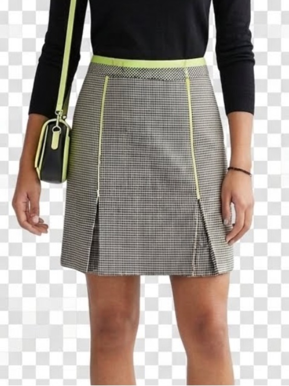 Lane Bryant Houndstooth Pleated A Line Skirt Lime Pipping Size 16 Stretch Preppy